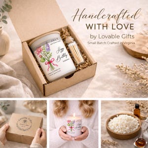 May include: A white candle with a floral design and the text "Happy Birthday" is displayed in an open cardboard box with a small bottle of matches. The box also contains decorative filler. The text "Handcrafted with Love" is visible.