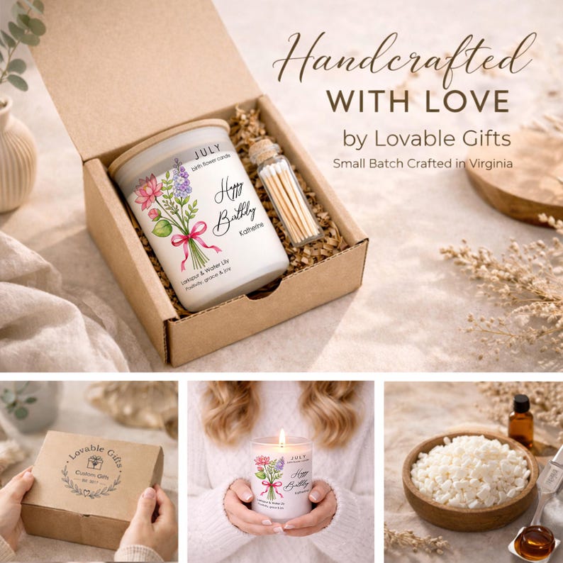 May include: A white candle with a floral design and the text "Happy Birthday" is displayed in an open cardboard box with a small bottle of matches. The box also contains decorative filler. The text "Handcrafted with Love" is visible.