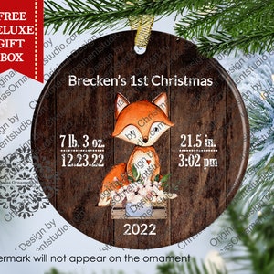 Baby 1st Christmas ornament-Fox birth announcement Christmas Ornament-woodland fox christmas ornament-Personalized baby Christmas Ornament