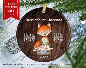 Baby 1st Christmas ornament-Fox birth announcement Christmas Ornament-woodland fox christmas ornament-Personalized baby Christmas Ornament