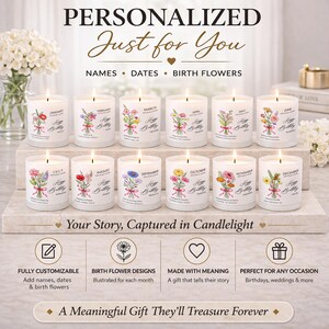 May include: A collection of personalized candles, each with a floral design representing a birth month. The candles are white with text that reads "Happy Birthday" and "Just for You". The image also includes text that says "Your Story, Captured in Candlelight".