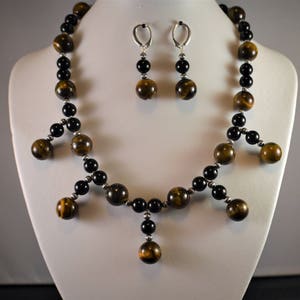 Tiger Eye and Black Onyx and Sterling Silver Dangle Necklace