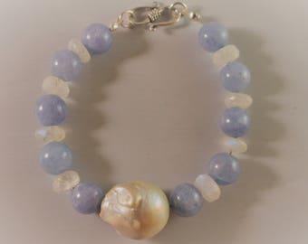 Aquamarine Moonstone and Fireball Pearl Bracelet