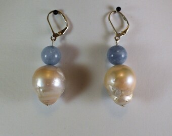 Freshwater Fireball Pearl Aquamarine and Sterling Silver Earrings