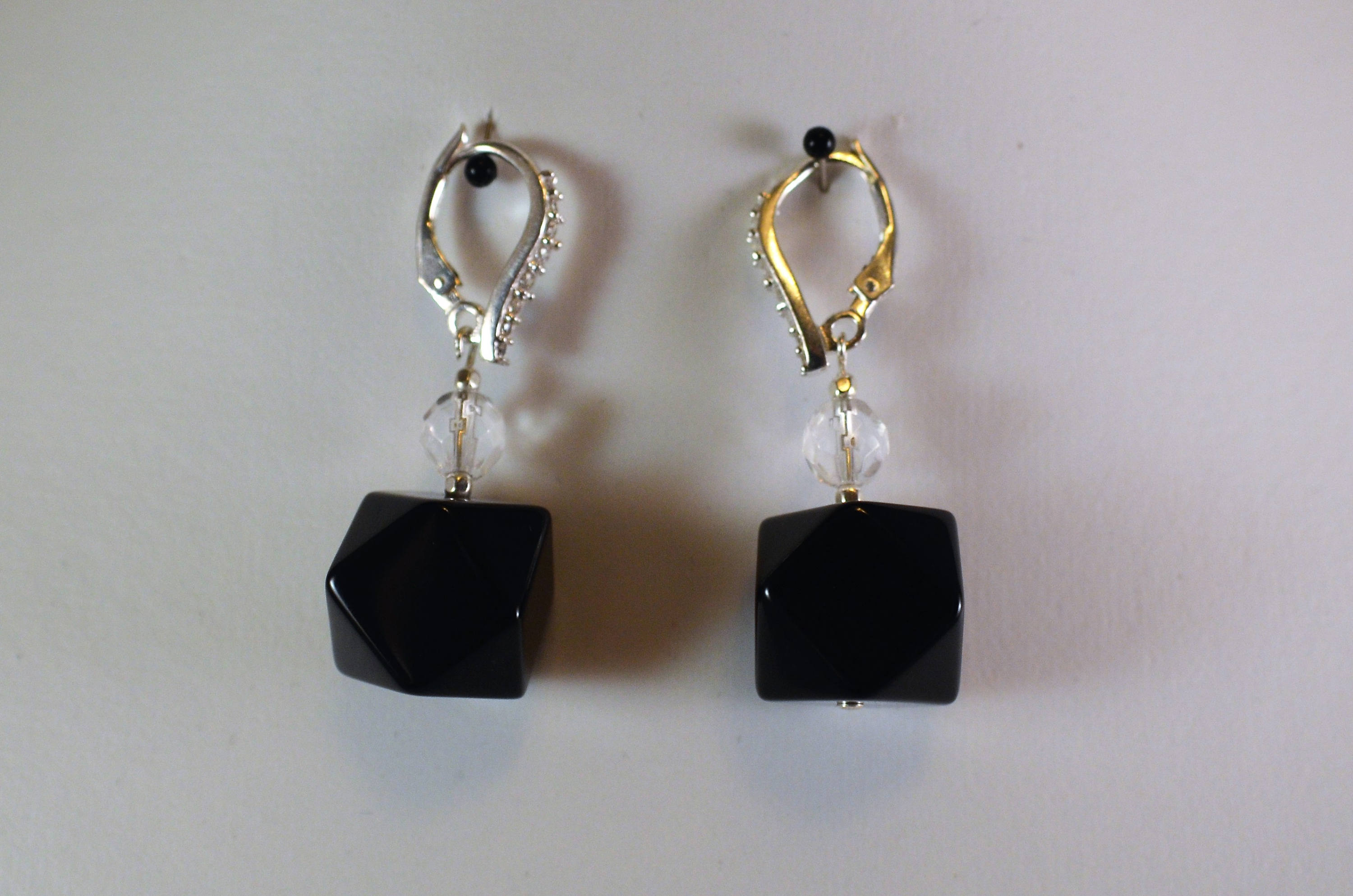 Black Onyx Rock Crystal Sterling Silver and Marcasite Lever