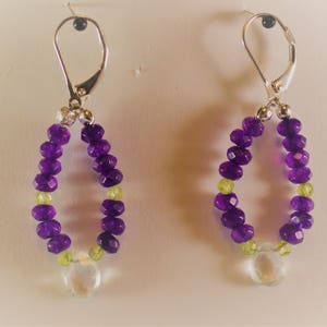 Green Amethyst Briolette  Purple Amethyst and Peridot hoop stlye Earrings
