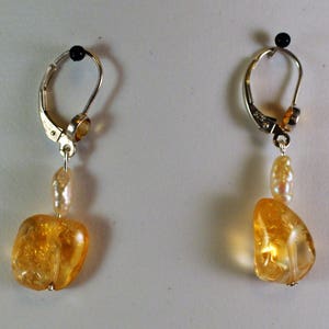Citrine nugget and Freshwater Pearl Earrings