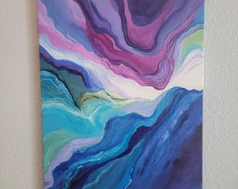 Large Abstract Cosmic Sea Painting - 16x20 Original Acrylic Canvas - Teal Purple Modern Wall Decor - Ethereal Fluid Art - Living Room Decor