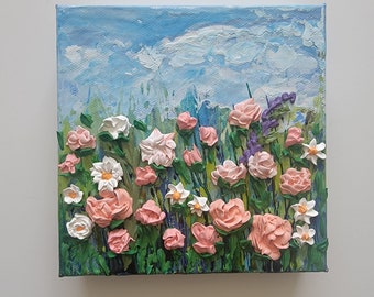 3D painting, 3D floral painting, 3D acrylic painting, mixed media art, thick paint, flower art, small gift idea