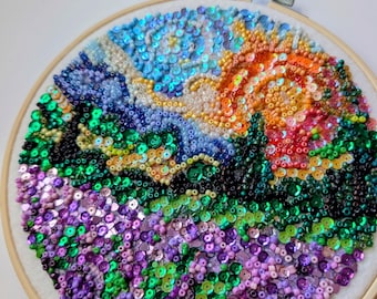 Beaded Landscape Embroidery Hoop Art, 8x8 Textured Meadow Sequin Wall Hanging, Impressionist Bead Mosaic Wildflower Field, Unique Craft Gift
