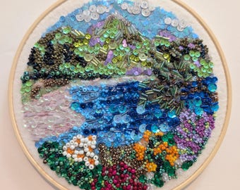 8 Inch Glued Bead & Sequin Mountain Lake Hoop Art | Handcrafted Bead Mosaic Wall Hanging | Alpine Shore  Wildflower Artwork