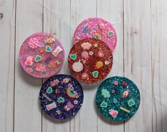 Cute Candy Core Resin Coasters - 4x4 Sparkly Glitter Drink Coasters - Pastel Decora Kawaii Table Decor - Whimsical Y2K Sweet Treat Coasters