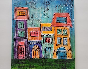 Whimsical Town Architecture Art - Original Mixed Media House Painting - 8x10 Colorful Village Collage - Hand Painted Quirky Home Wall Decor