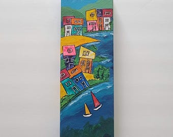 Whimsical Coastal Village Art - Original Mixed Media House Painting - 4x12 Narrow Vertical Canvas - Hand Painted Seaside Town Collage