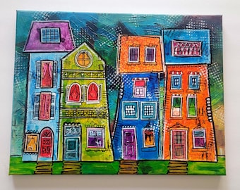 Whimsical Mixed Media House Art - Colorful Cityscape Collage on Canvas - Vibrant Wall Decor 11x14 - Hand Painted Folk Art Architecture