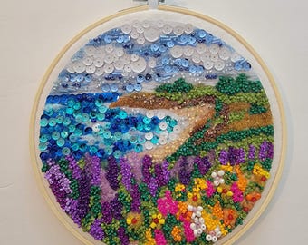 Original Coastal Meadow Bead Mosaic Hoop Art - 8 Inch Textured Ocean Cliffside Landscape Wall Hanging - Hand Glued Sea Wave & Wildflower