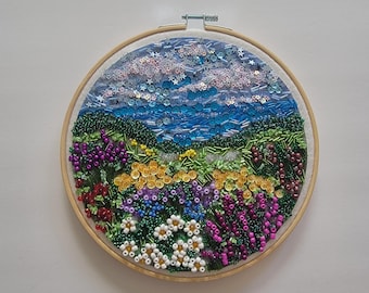 Beaded Landscape Embroidery Hoop Art, 8x8 Textured Meadow Sequin Wall Hanging, Impressionist Bead Mosaic Wildflower Field, Unique Craft Gift
