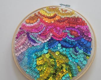 3D Bead Mosaic Mixed Media Art - Rainbow Textured Wall Decor in Hoop - Unique Handmade Bead Embroidery Style