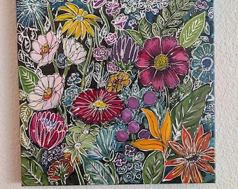 Original Acrylic Floral Painting on Canvas 14x14 | Hand Painted Botanical Wall Art | Vibrant Colorful Garden Artwork