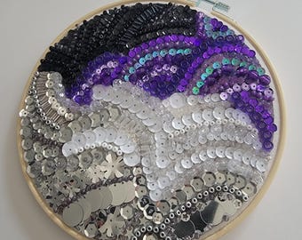 Original Abstract Bead Mosaic Hoop Art - 8 Inch Textured Purple and Black Wall Hanging - Hand Glued Silver & White Sequin Art