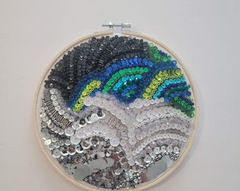 Original Abstract Bead Mosaic Hoop Art - 8 Inch Textured Dark Green and Blue Wall Hanging - Hand Glued Silver, Black & White Sequin Art
