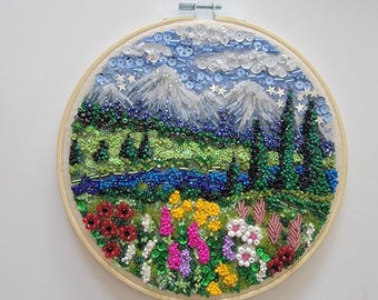 Original Bead Mosaic Hoop Art - 8 Inch Sunlit Wildflower Meadow Landscape - Hand Glued Sequin & Star Wall Hanging