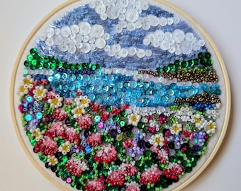 8 Inch Glued Bead & Sequin Mountain Lake Hoop Art | Handcrafted Bead Mosaic Wall Hanging | Alpine Shore  Wildflower Artwork