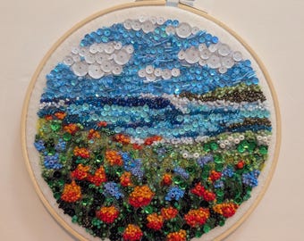 8 Inch Glued Bead & Sequin Coastal Landscape Hoop Art | Handcrafted Bead Mosaic Wall Hanging | Ocean Wave Poppy Field Artwork