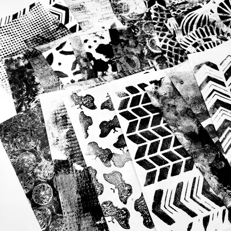 Mixed Media, collage paper kits, Hand painted papers.40 piece Black & White