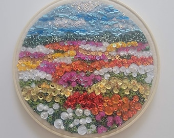 Original Bead Mosaic Hoop Art - 8 Inch Sunlit Wildflower Meadow Landscape - Hand Glued Sequin & Star Wall Hanging
