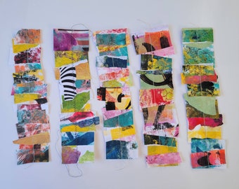 Collage stitched stripes, collage supplies, set of 4, Handmade Snippet Strip Clusters sewn for Junk Journals.