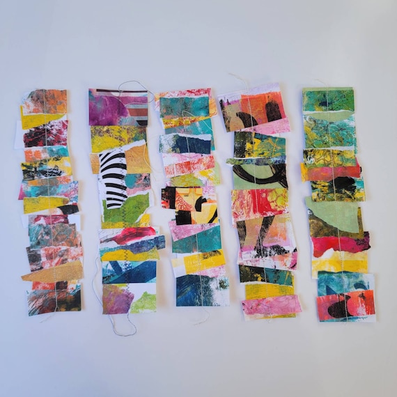 Collage stitched stripes, collage supplies, set of 4, Handmade Snippet Strip Clusters sewn for Junk Journals.
