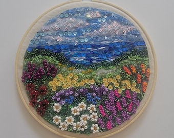 Original Bead Mosaic Hoop Art - 8 Inch Sunlit Wildflower Meadow Landscape - Hand Glued Sequin & Star Wall Hanging