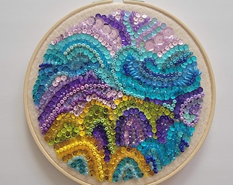Original Bead Mosaic Hoop Art - 8 Inch Abstract Seascape Wall Hanging - Hand Glued Sequin & Crystal Decor - Whimsical Pastel Ocean Sparkle
