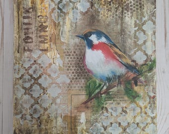 Original Mixed Media Bird Painting - 12x12 Vintage Collage Canvas Board - Textured Songbird Wall Art - Whimsical Shabby Chic Decor