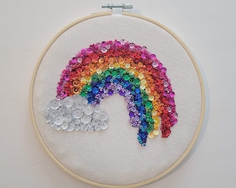 Original Dripping Rainbow Bead Mosaic Hoop Art - 8 Inch Textured Sequin Wall Hanging - Hand Glued Cloud & Paint Drip Decor