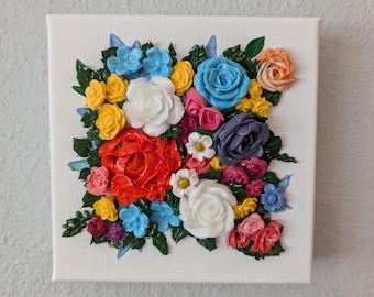 3D painting, 3D floral painting, 3D acrylic painting, mixed media art, thick paint, flower art, small gift idea