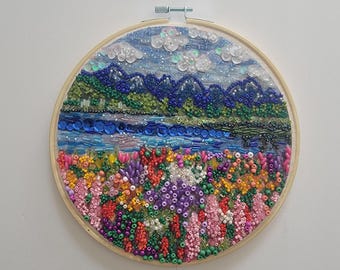 Original Bead Mosaic Hoop Art - 8 Inch Starry Mountain Lake Landscape - Hand Glued Sequin Alpine Wall Hanging