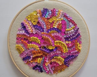 Original Bead Mosaic Hoop Art - 8 Inch Shimmering Ocean Beach Landscape - Hand Glued Sequin Tide Wall Hanging - Whimsical Sea Glass Decor