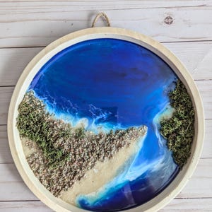 Beach Epoxy Resin Wall Art, Blue Ocean Theme, Mothers Day, Fathers Day, Housewarming Gift, 12&quot; Round White Plaque with Natural Frame