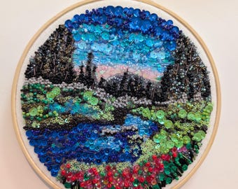 8 Inch Glued Bead & Sequin Landscape Hoop Art | Handcrafted Bead Mosaic Wall Hanging | Sunset Mountain Forest Lake Artwork