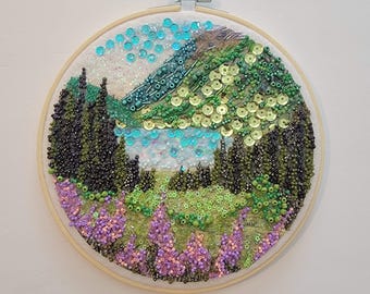 Original Alpine Lake Bead Mosaic Hoop Art - 8 Inch Textured Mountain Landscape Wall Hanging - Hand Glued Sequin Pine Forest Art