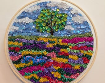 8 Inch Glued Bead & Sequin Tree Landscape Hoop Art  Handcrafted Mosaic Wall Hanging  Wildflower Field  Sky Artwork