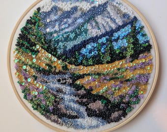 8 Inch Glued Bead & Sequin Mountain Lake Hoop Art | Handcrafted Bead Mosaic Wall Hanging | Alpine Shore  Wildflower Artwork