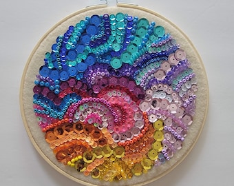 3D Bead Mosaic Mixed Media Art - Rainbow Textured Wall Decor in Hoop - Unique Handmade Bead Embroidery Style
