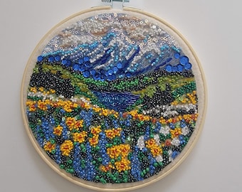 Original Bead Mosaic Hoop Art - 8 Inch Starry Mountain Lake Landscape - Hand Glued Sequin Alpine Wall Hanging