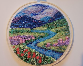 Original Wildflower Meadow Bead Mosaic Hoop Art - 8 Inch Textured Mountain Landscape Wall Hanging - Hand Glued River & Field Sequin Art