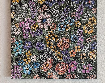 Original Acrylic Floral Mosaic Painting 12x12 | Hand Painted Wildflower Meadow Wall Art | Intricate Botanical Canvas