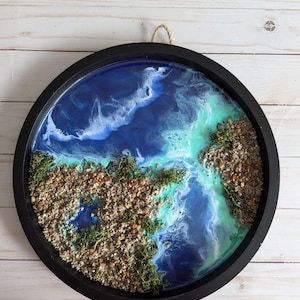 Beach Epoxy Resin Wall Art, Blue Ocean Theme, Mothers Day, Fathers Day, Housewarming Gift, 12&quot; Round White Plaque with Natural Frame
