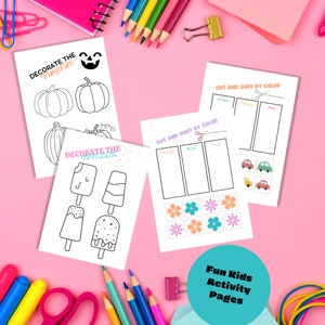 Kids Activity Pages-4page bundle, cut and color, decorate pumpkins, match colors, decorate popsicles, craft time fun